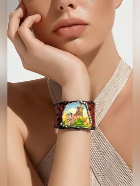 San Antonio Misión Church Broken China W Silver-Blend Cabochon & Leather Cuff